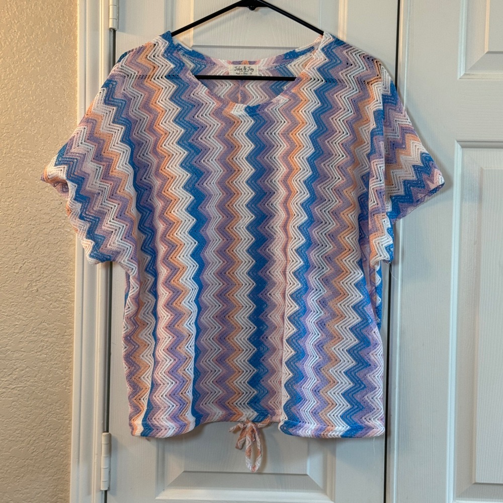 Jolie & Joy Colorful Zip Zag Crochet Short Sleeve Top Tie Bottom Women's Size 2X